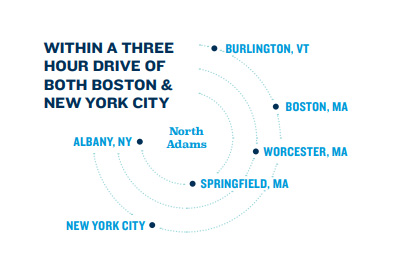 map of MCLA within a three hour drive of both boston & new york city